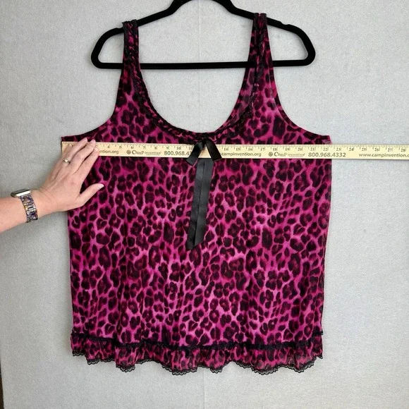 Y2K Pink and Black Leopard Cheetah Print Sheer V-Neck Tank Top GNO Grunge Sz 2X - Picture 2 of 5